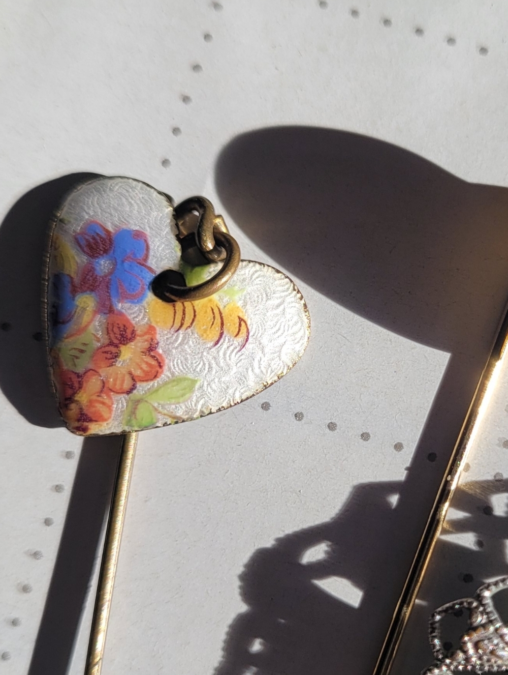 Hand-Painted Enamel Floral Heart Stick Pins - White Multicolor